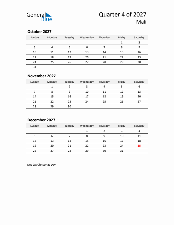 2027 Q4 Three-Month Calendar for Mali