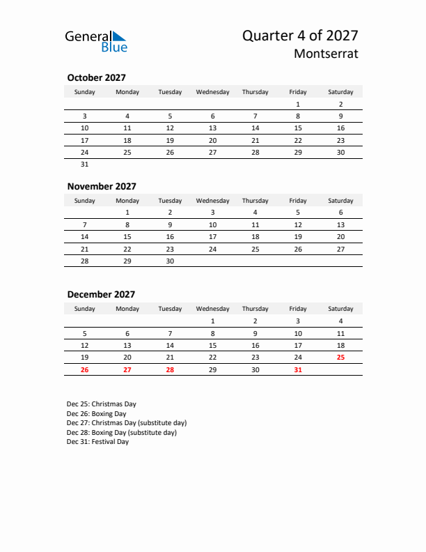2027 Q4 Three-Month Calendar for Montserrat