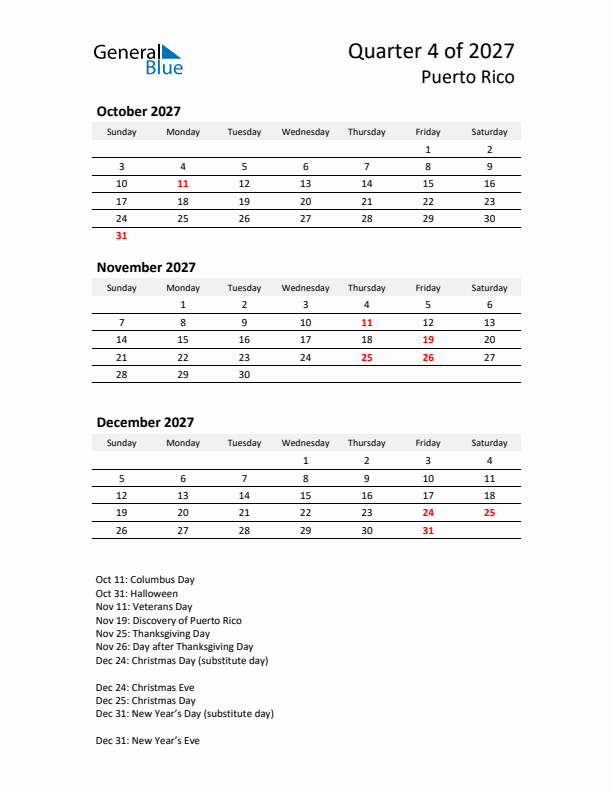 2027 Q4 Three-Month Calendar for Puerto Rico