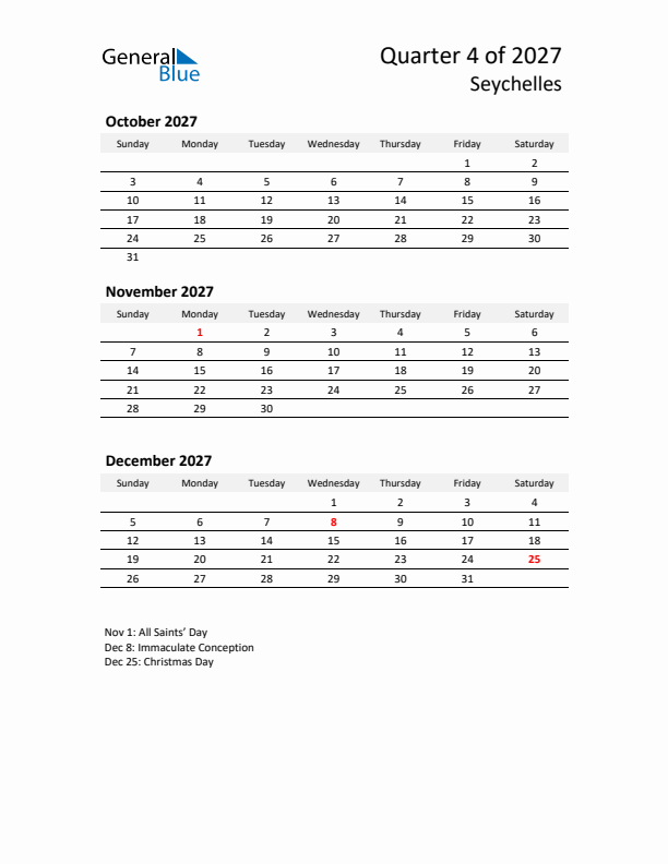 2027 Q4 Three-Month Calendar for Seychelles