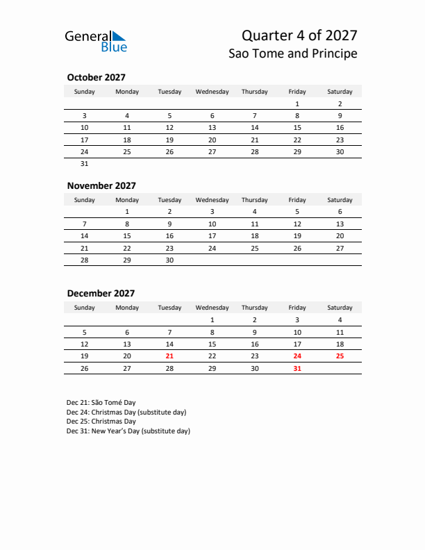 2027 Q4 Three-Month Calendar for Sao Tome and Principe