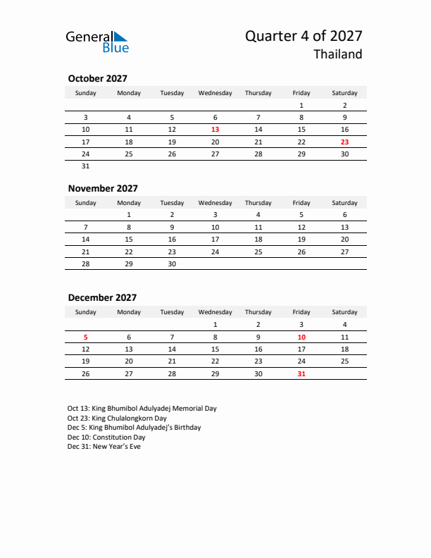 2027 Q4 Three-Month Calendar for Thailand
