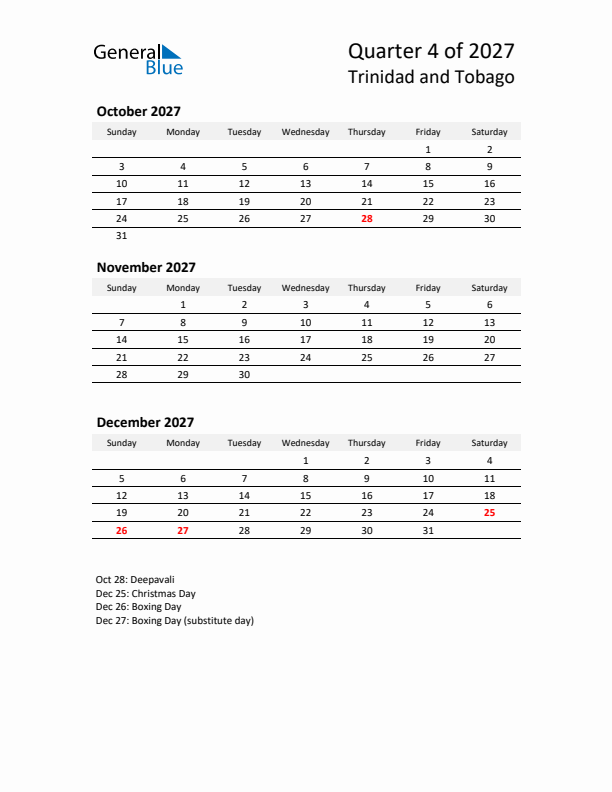 2027 Q4 Three-Month Calendar for Trinidad and Tobago