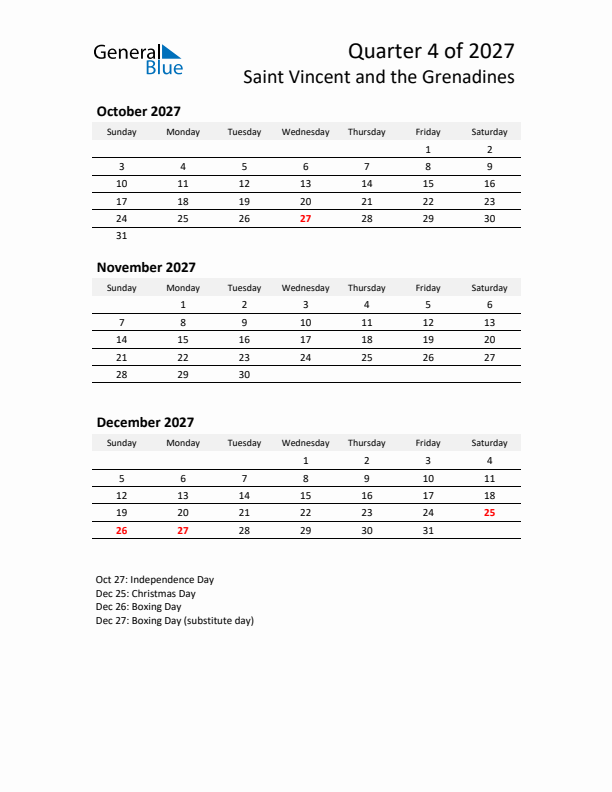 2027 Q4 Three-Month Calendar for Saint Vincent and the Grenadines