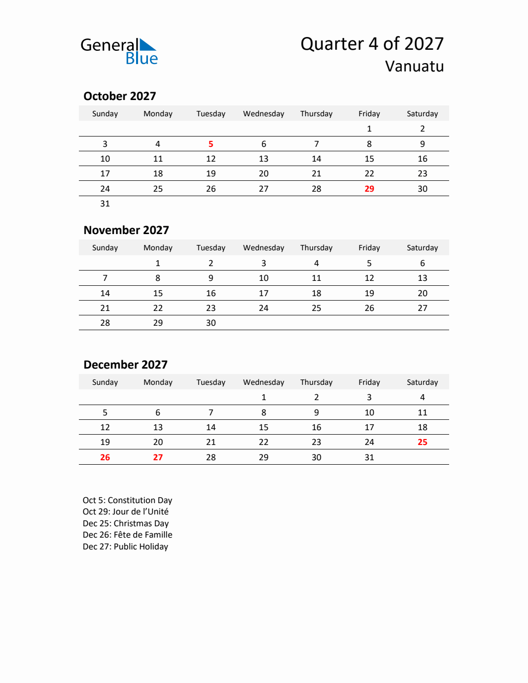 Q4 2027 Quarterly Calendar with Vanuatu Holidays (PDF, Excel, Word)