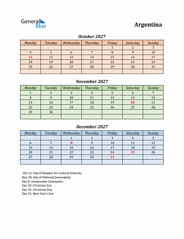 Q4 2027 Holiday Calendar - Argentina