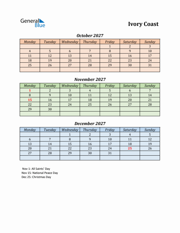 Q4 2027 Holiday Calendar - Ivory Coast