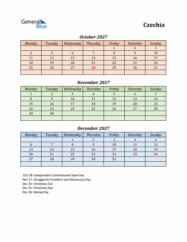 Q4 2027 Holiday Calendar - Czechia