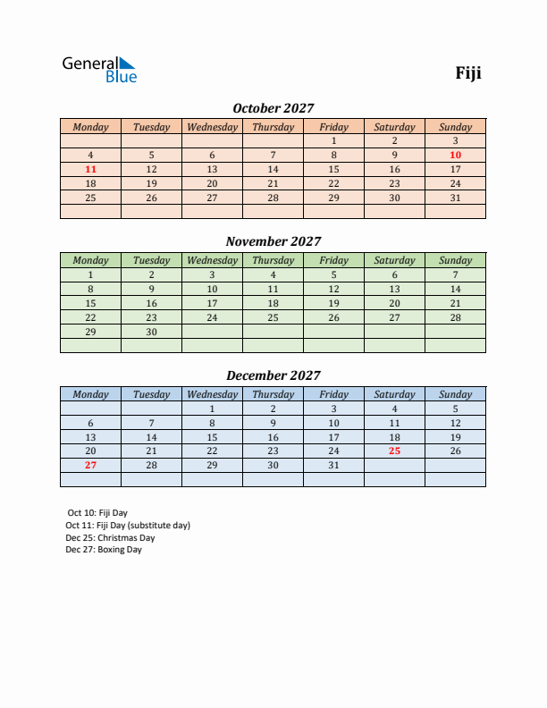 Q4 2027 Holiday Calendar - Fiji