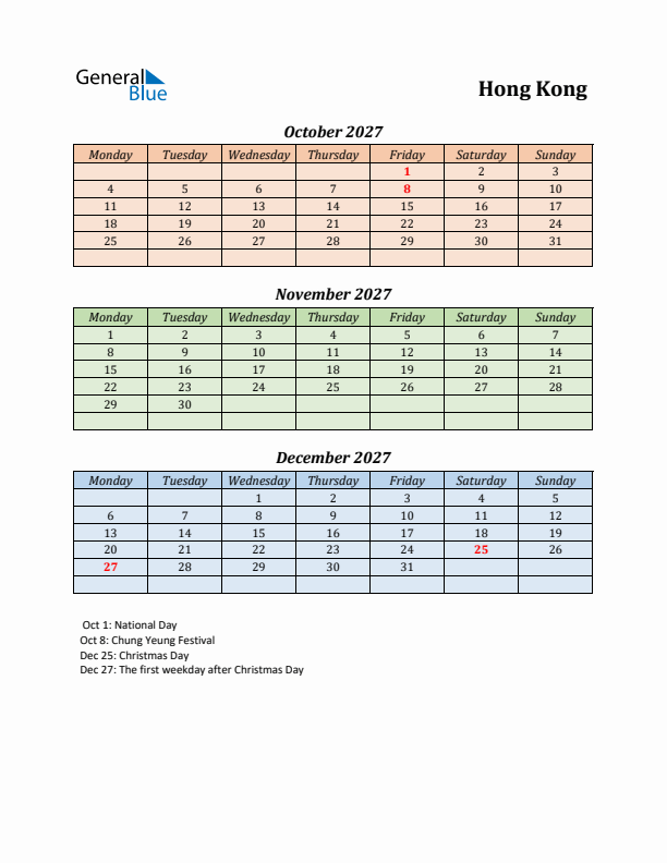 Q4 2027 Holiday Calendar - Hong Kong