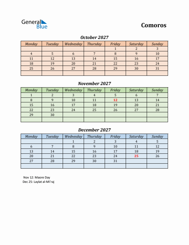 Q4 2027 Holiday Calendar - Comoros