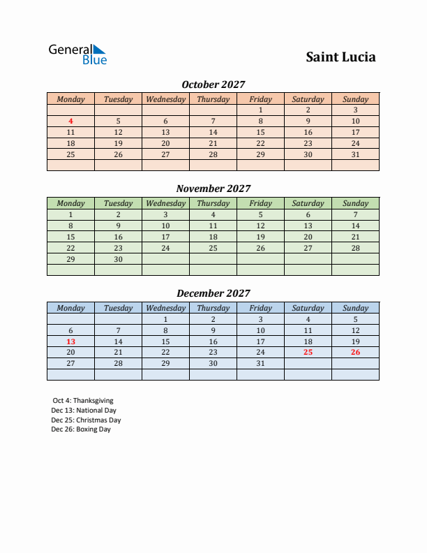 Q4 2027 Holiday Calendar - Saint Lucia
