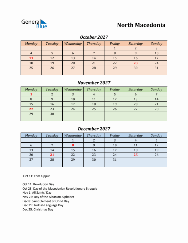 Q4 2027 Holiday Calendar - North Macedonia