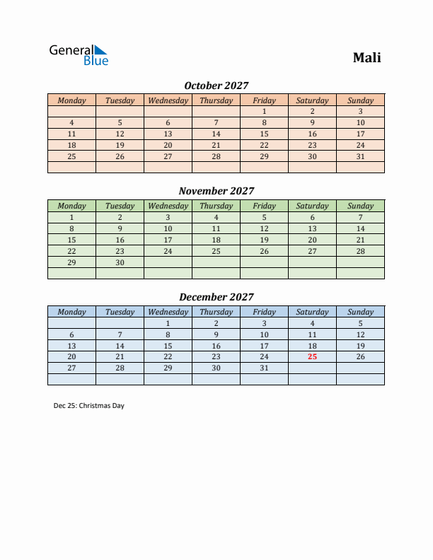 Q4 2027 Holiday Calendar - Mali