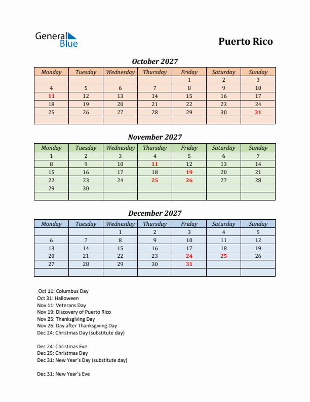 Q4 2027 Holiday Calendar - Puerto Rico