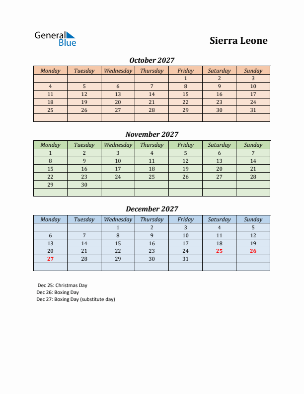 Q4 2027 Holiday Calendar - Sierra Leone