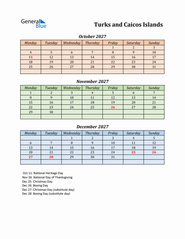 Q4 2027 Holiday Calendar - Turks and Caicos Islands