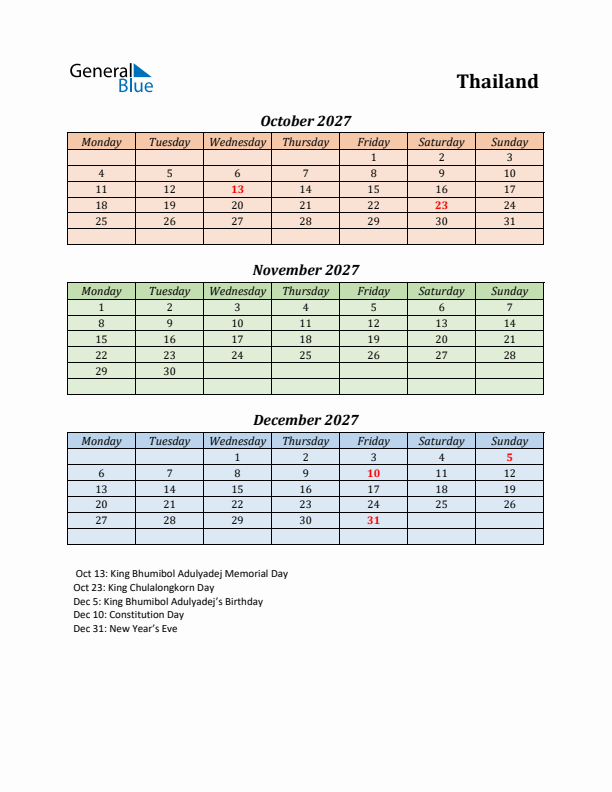 Q4 2027 Holiday Calendar - Thailand