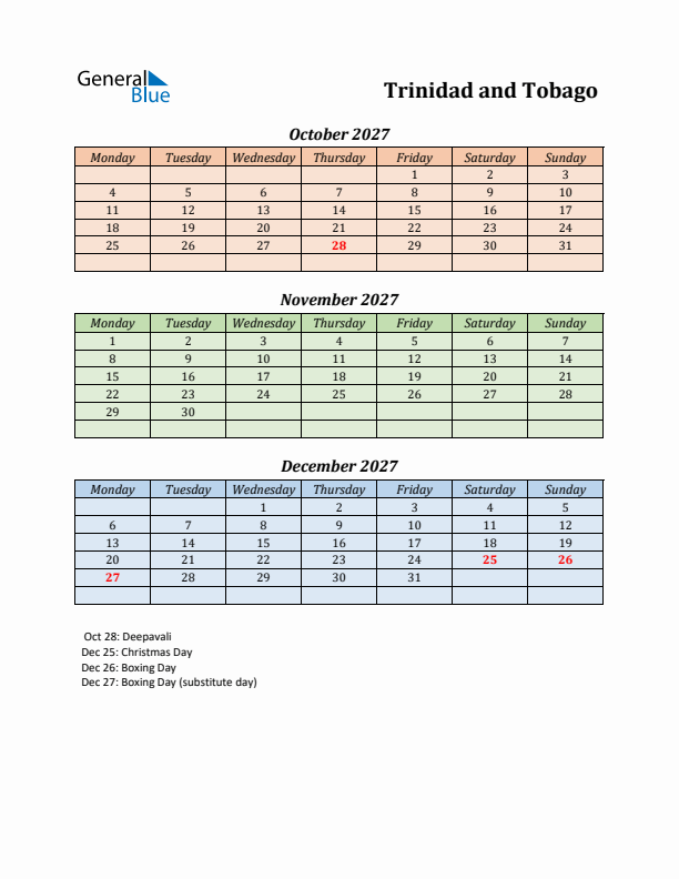 Q4 2027 Holiday Calendar - Trinidad and Tobago