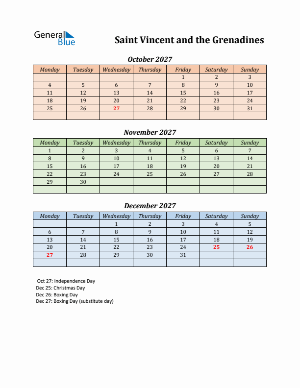 Q4 2027 Holiday Calendar - Saint Vincent and the Grenadines