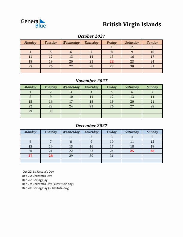 Q4 2027 Holiday Calendar - British Virgin Islands