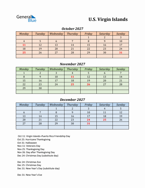 Q4 2027 Holiday Calendar - U.S. Virgin Islands