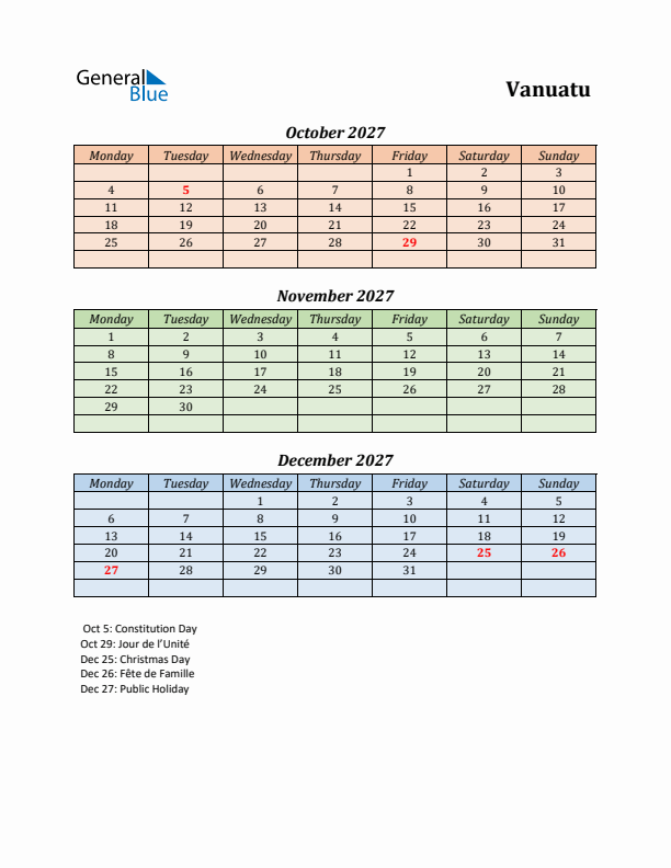 Q4 2027 Holiday Calendar - Vanuatu