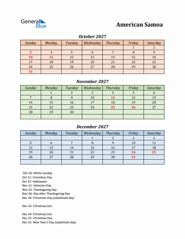 Q4 2027 Holiday Calendar - American Samoa
