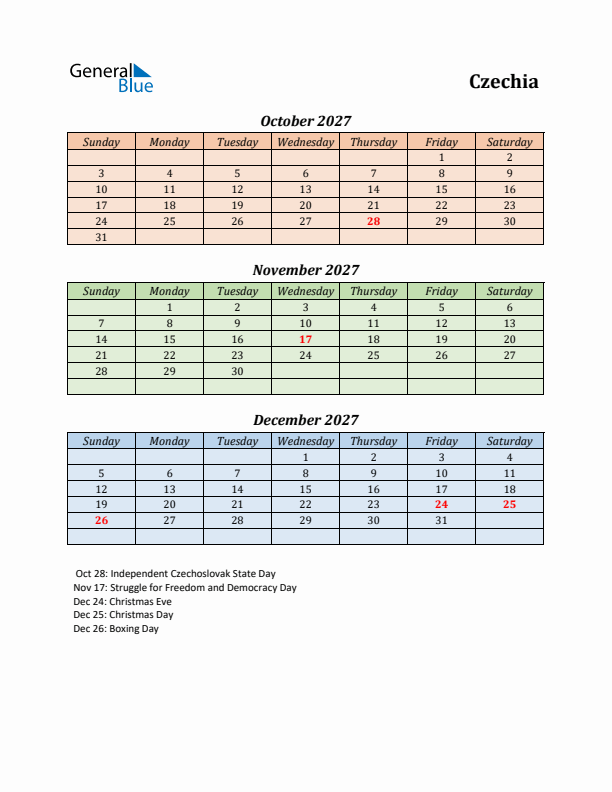 Q4 2027 Holiday Calendar - Czechia