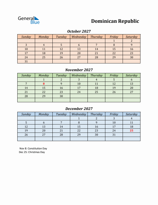 Q4 2027 Holiday Calendar - Dominican Republic