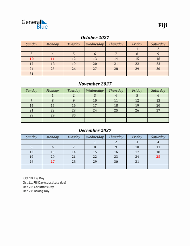 Q4 2027 Holiday Calendar - Fiji
