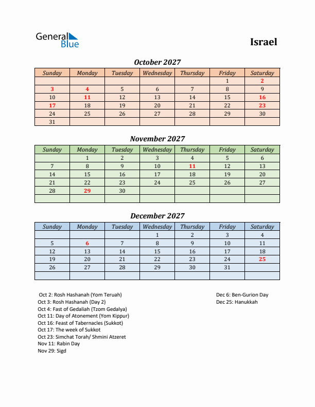 Q4 2027 Holiday Calendar - Israel