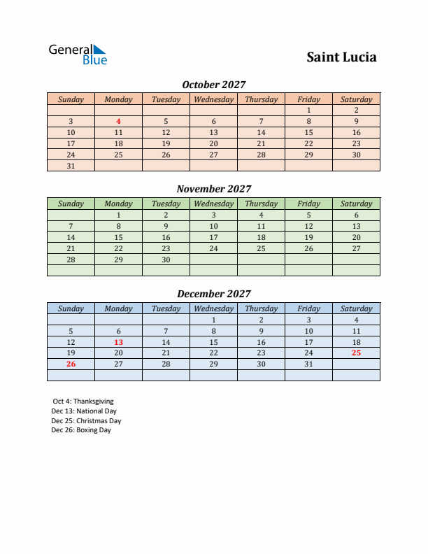 Q4 2027 Holiday Calendar - Saint Lucia