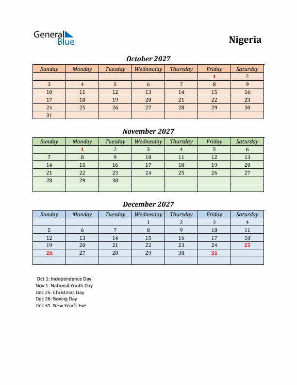 Q4 2027 Holiday Calendar - Nigeria