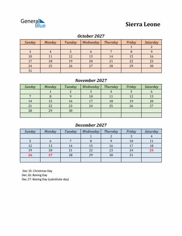 Q4 2027 Holiday Calendar - Sierra Leone