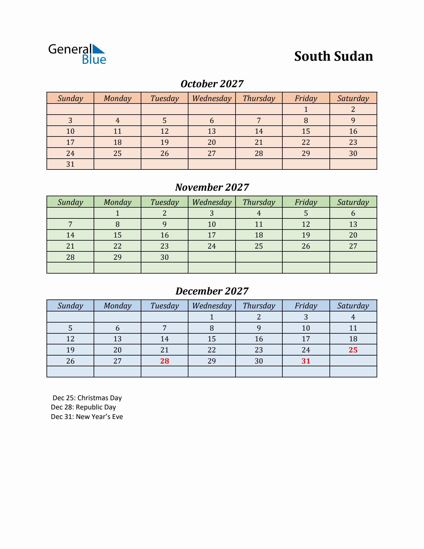 Q4 2027 Holiday Calendar - South Sudan