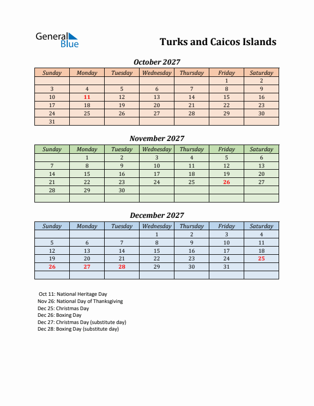Q4 2027 Holiday Calendar - Turks and Caicos Islands