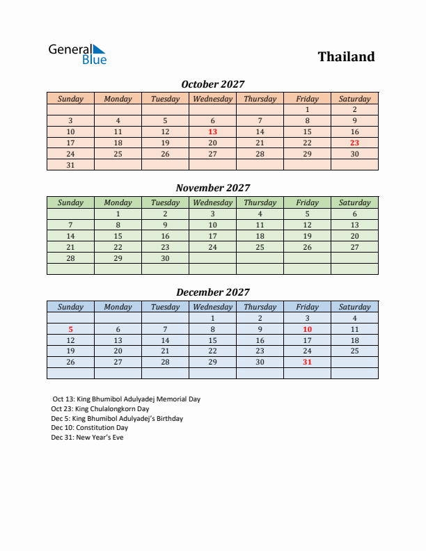 Q4 2027 Holiday Calendar - Thailand