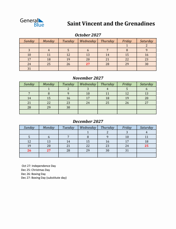 Q4 2027 Holiday Calendar - Saint Vincent and the Grenadines