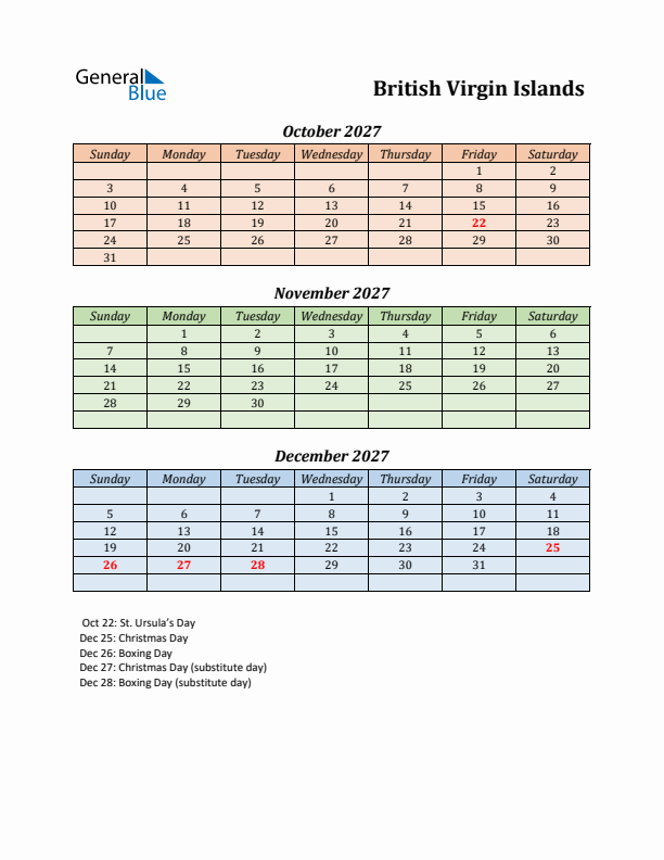 Q4 2027 Holiday Calendar - British Virgin Islands