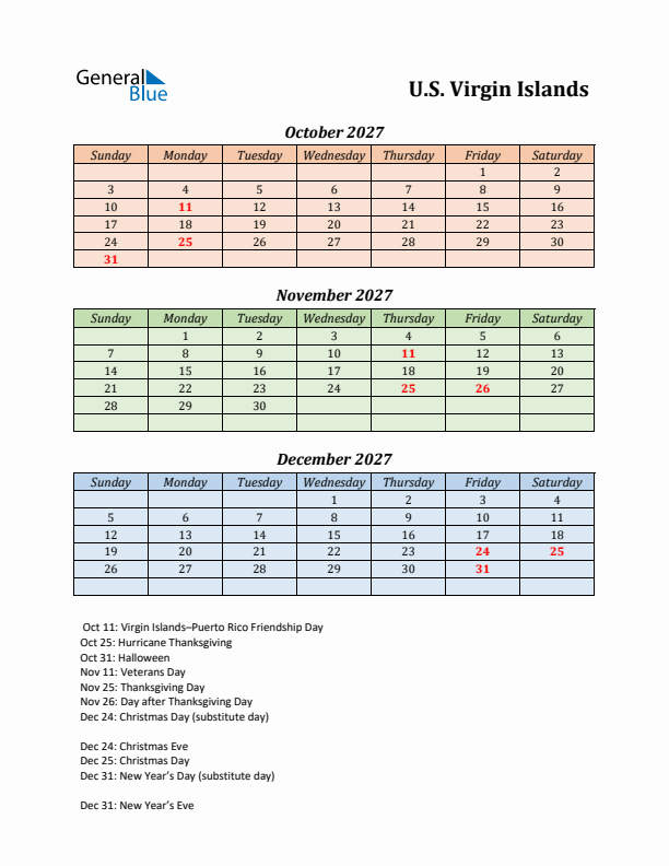 Q4 2027 Holiday Calendar - U.S. Virgin Islands