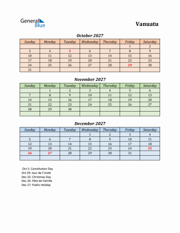 Q4 2027 Holiday Calendar - Vanuatu