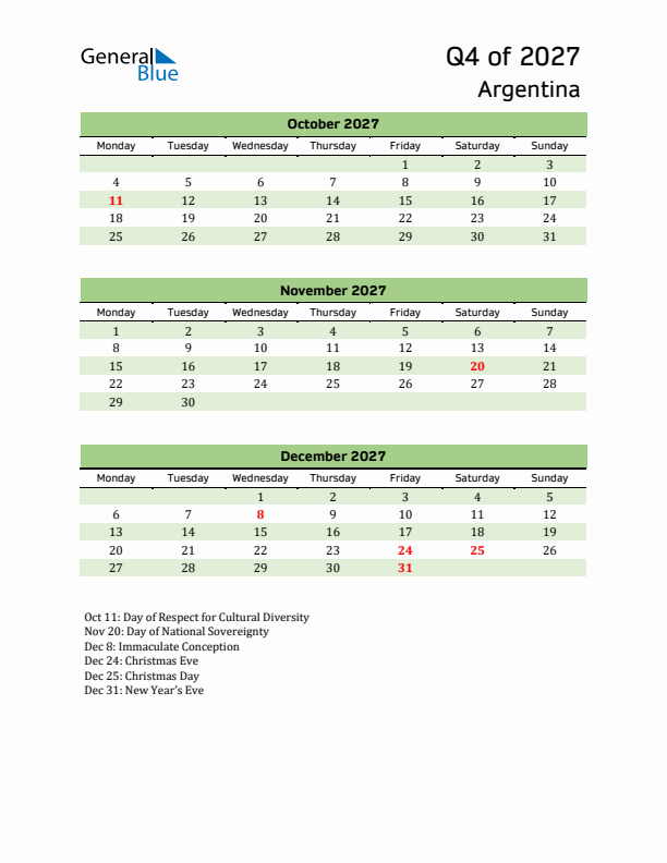Quarterly Calendar 2027 with Argentina Holidays