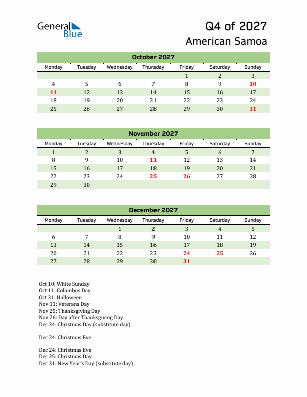 Quarterly Calendar 2027 with American Samoa Holidays