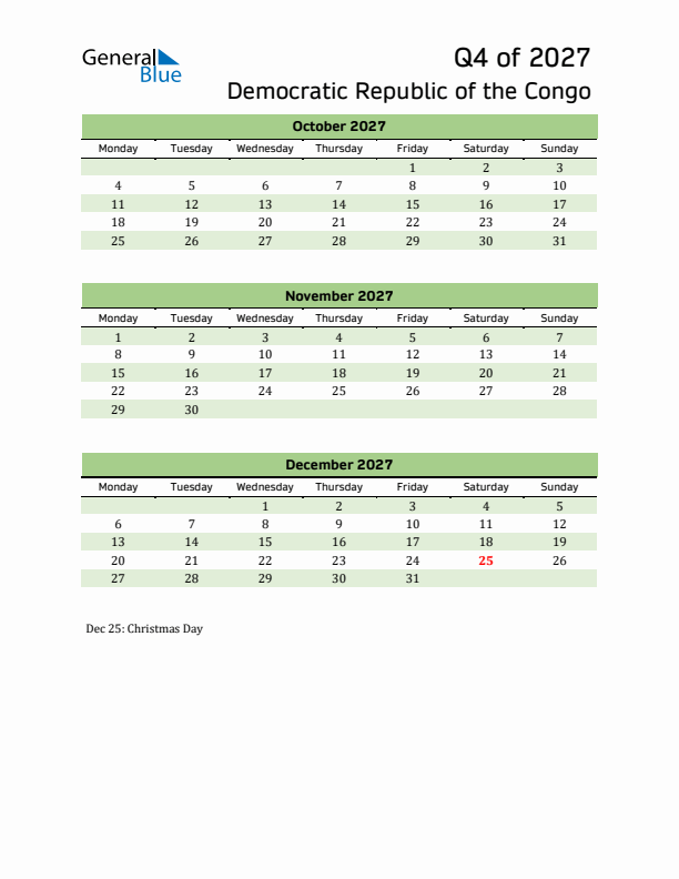 Quarterly Calendar 2027 with Democratic Republic of the Congo Holidays