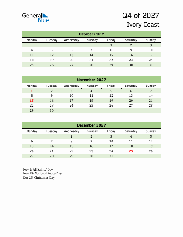 Quarterly Calendar 2027 with Ivory Coast Holidays