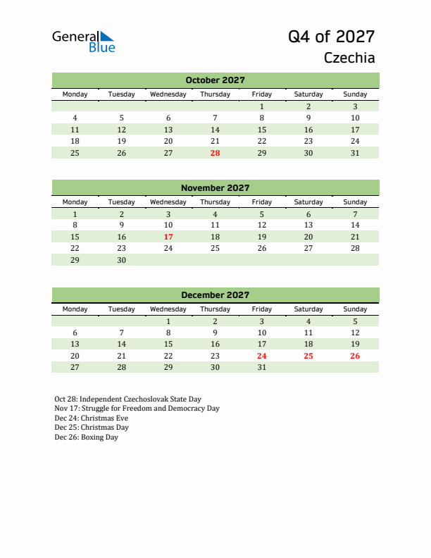 Quarterly Calendar 2027 with Czechia Holidays