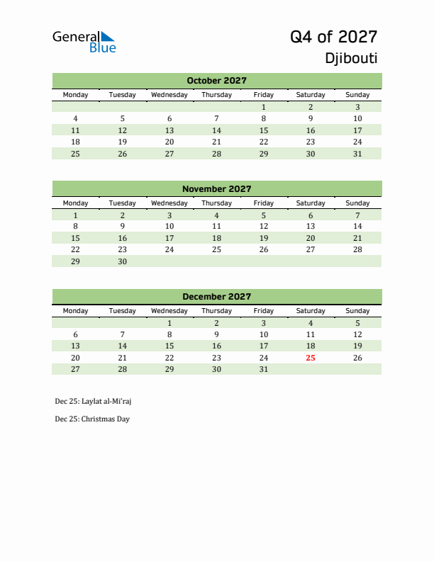 Quarterly Calendar 2027 with Djibouti Holidays