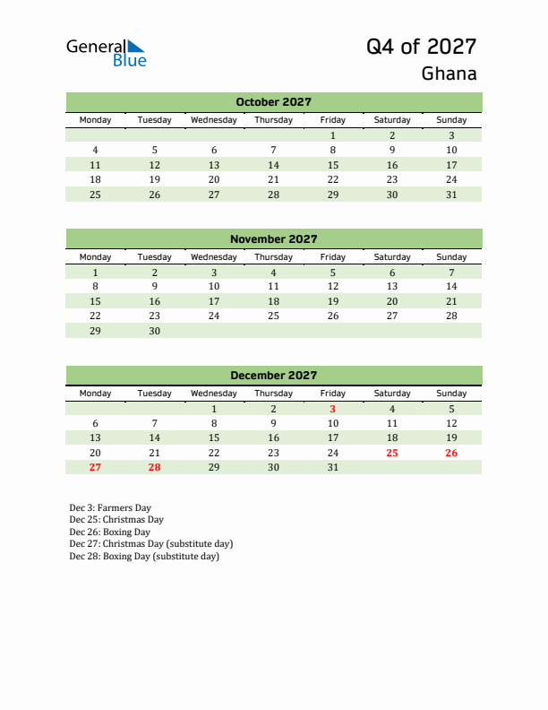 Quarterly Calendar 2027 with Ghana Holidays