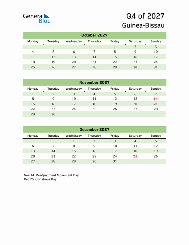 Quarterly Calendar 2027 with Guinea-Bissau Holidays